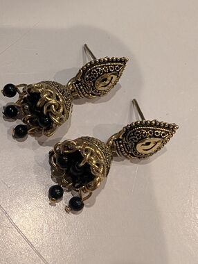 Gold and Black Jhumka Drop Earrings - Elegant Women's Jewelry